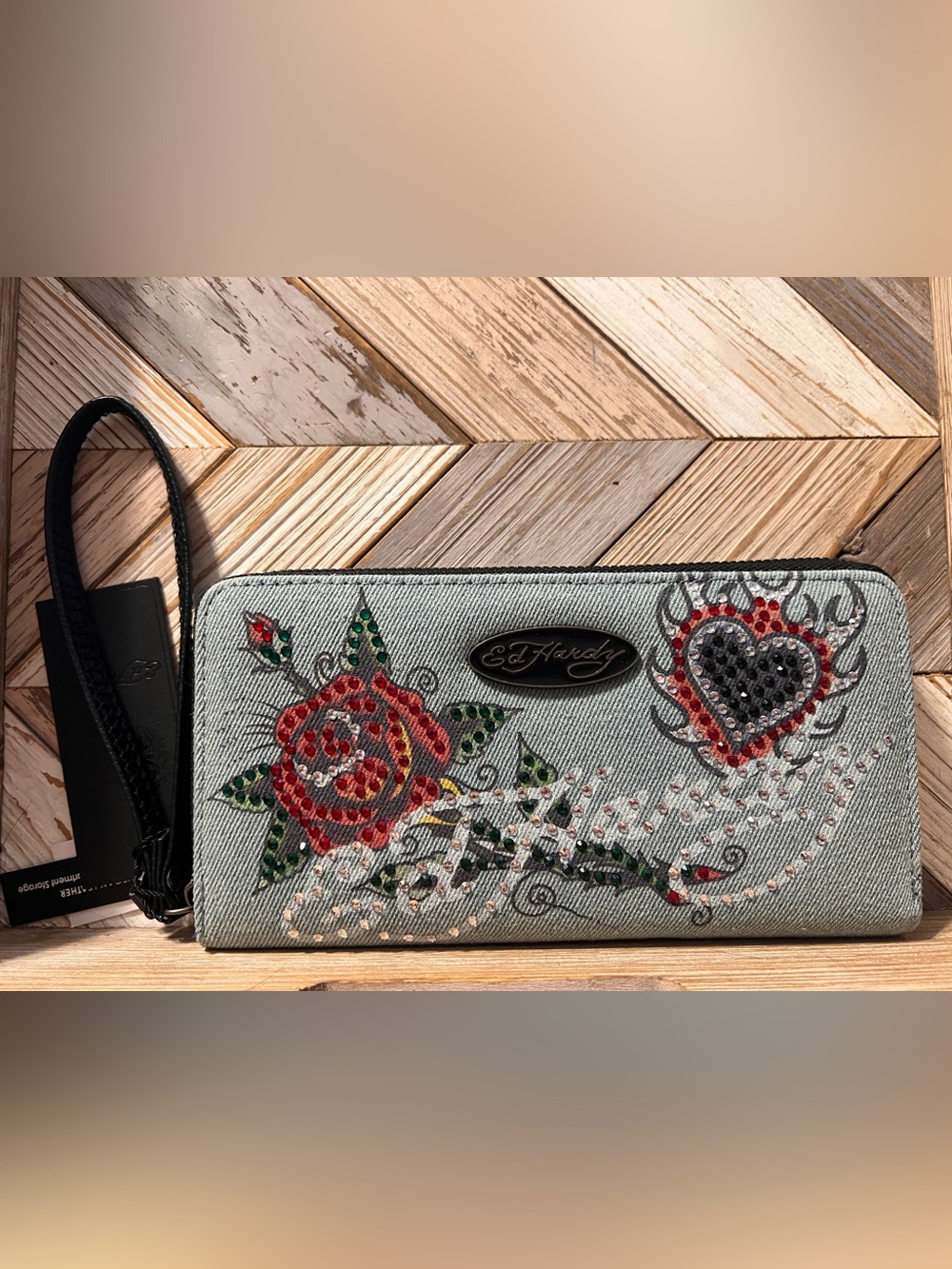 Ed Hardy Denim Wallet with Red Rose and Green Leaves NWT